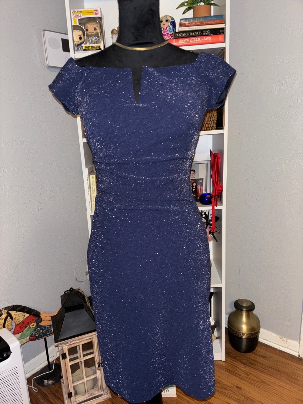 Xscape Size 8 Navy Metallic Shimmer Off Shoulder Ruched Cocktail Dress